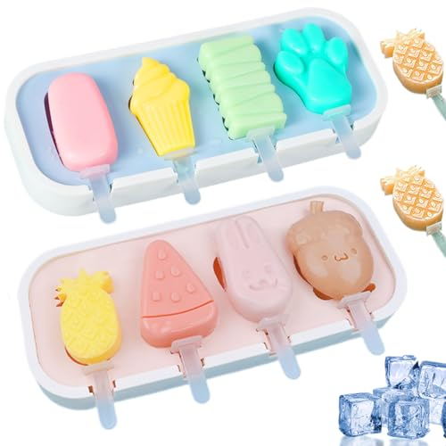 SMELEYOU Moules à Sucettes GlacéEs 2 PièCes Silicone Moules à Sucettes GlacéEs à DéGagement Facile avec BâTons Moule à CrèMe GlacéE en Forme De Fruit Mignon Fabricant De Sucettes GlacéEs pour BéBé