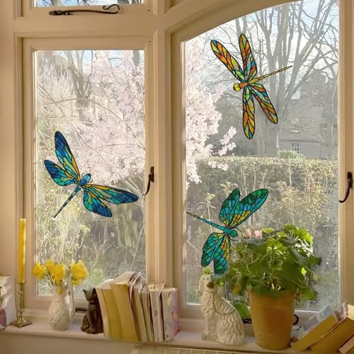 funlife Large Dragonfly Window Stickers for Glass, Double-Sided Static Cling Decals, Original Hand Drawn Glass Decorations, Whimiscal Art Big, Anti Collision Bird Strike Stickers 4 Extra-Large Decals
