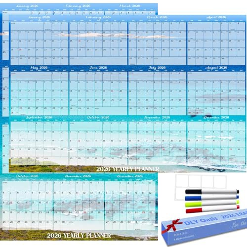 24 x 36 2026 Wall Calendar Dry Erase - Large Rolled Beach Wall Calendar Wet & Dry Erasable Laminated 12 Month Annual Yearly Planner, Reversible, Horizontal/Vertical, Blue