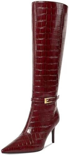 COMJUY Crocodile Burgundy Knee High Boots Women Stiletto High Heel 3.3in, Side Zipper Pointed Toe Metal Buckle Tall Boots Dress Boots for Women, Comfortable Faux Leather Below Knee Long Boots Size 8