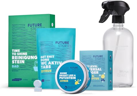 Future Stories WC & Bad Spar Set mit Putzstein, Reinigungsstein, Universal-Reiniger, WC-Tabs, nachhaltige Sprühflasche