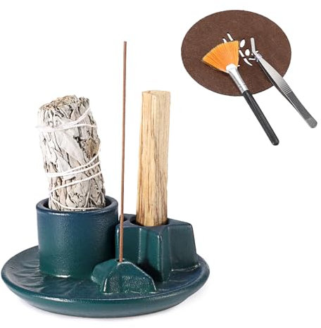 SUMTree Keramik Räucherstäbchenhalter 4 in 1 Räucherschale Räuchern Halter mit Pinzette, mat, Bürste Sternform Heimdeko Räucherstäbchen Halter für Räucherstäbchen, Palo Santo, Weißer Salbei Blaugrün