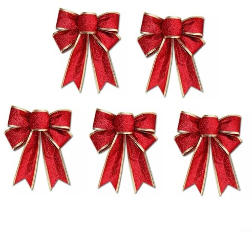 5 Stück Weihnachtsschleifendekorationen, 24,9 cm Kränze, Schleifen, Glitzer, Weihnachtsdekoration, Pailletten-Krawatten, große Schleife, rote Schleifen für Weihnachtsbaum, Zuhause, Party, drinnen und