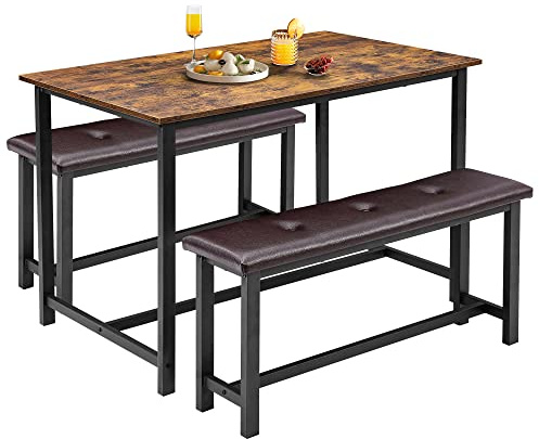 OPULENTHOME Esstisch mit 2 Bänken, Essgruppe 3-teilige, Bartisch Set, Küchentisch, Küchentischset mit Metallgestell, Esszimmergruppe für 4 Personen, für Esszimmer Küche