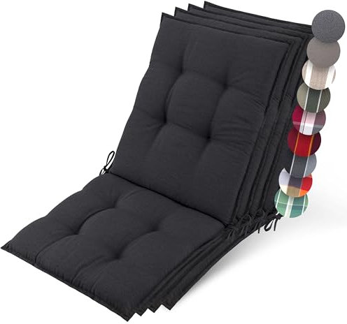 Beautissu 4er Set Premium Niedriglehner Auflage Gartenstuhl 100x50cm Sun-NL – 8cm Dick Polster Gartenstuhlauflage rutschfest Befestigungsbänder UV-Lichtechtheit 5 – Robust Stoff Anthrazit