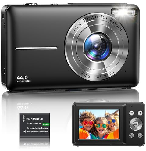 Digital Camera 1080P FHD Compact Digital Camera 44MP Portable Mini Small Photo Camera with 2.4 LCD Screen, 16X Digital Zoom and 1 Battery Vlogging Camera for Kids, Girls, Boys-Black (No SD Card)