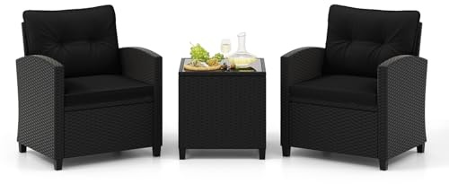 COSTWAY 3-TLG. Rattan Gartenmöbel Set, Balkonmöbel mit Kissen, 2 Stühlen und Tisch, Polyrattan Balkonset, Terrassenmöbel, Gartengarnitur, Sitzgruppe für Terrasse, Balkon, Garten (Schwarz)