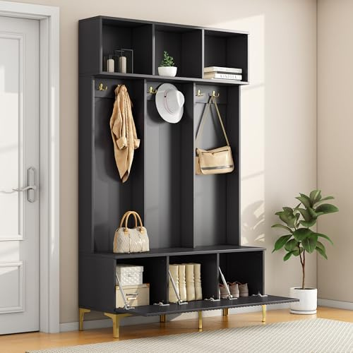 WASAGA Set appendiabiti con panchina, multifunzionale, con 6 ganci e piedini dorati, adatti per corridoio, soggiorno, B120/D23,5/H191,5 cm (nero)
