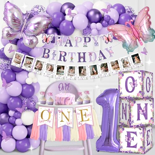 1 Año Decoraciones Cumpleaños Niñas,Decoración de Cumpleaños de Mariposa,Globos Cumpleaños 1 Año,Mariposa Arco de Globos,Caja de Globos,Banner para Trona,Banner con Foto,Adorno para Pastel (Mariposa)