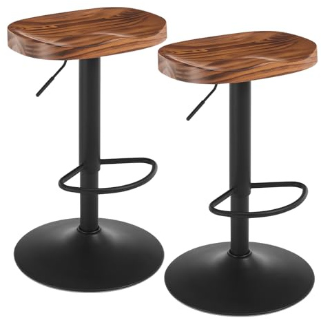 WOLTU Sgabelli da Cucina Set di 2, Sgabelli da Bar per Colazione in Legno Massiccio, Sgabelli da Bar a Sella, Altezza Regolabile, Sgabelli Girevoli a 360° con Poggiapiedi, Marrone Rustico, BH413vbn-2