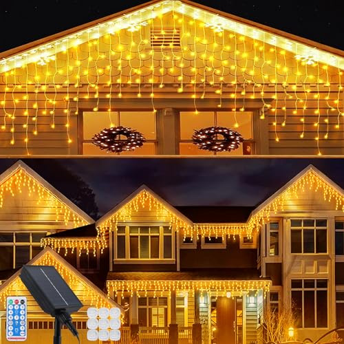 Acxilexy Solar Lichterkette Eisregen Außen 8 M 288 LEDs Wasserdicht Weihnachtsbeleuchtung, Beleuchtung Lichterkette mit Fernbedienung 8 Modi Eiszapfen Vorhang Lichterkette für Weihnachten, Hochzeit