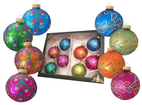 Krebs Glas Lauscha Weihnachtsdekoration/Christbaumschmuck aus Glas - 8 Christbaumkugeln - Motiv: Bunt mit Glitzerdekor - Größe: ca. 7 cm