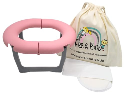 Pee & Bob Dein Töpfchen für unterwegs | Klein & Leicht, Haltbar und Stabil und Made in Germany | Mit Kindern immer und überall eine saubere Toilette, inkl. 5 Einwegtüten [Hellrosa]