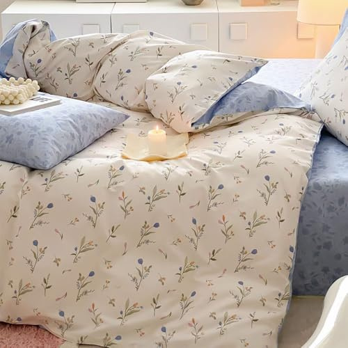 Covebett Bettwäsche 140x200 2teilig Blau Weiß Blumen Blätter Pflanzenmuster | Bettbezug Blümchen Blumenmuster Aesthetic Mikrofaser Weich Wendebettwäsche Set mit Reißverschluss und 1 Kissenbezüge 70x90cm