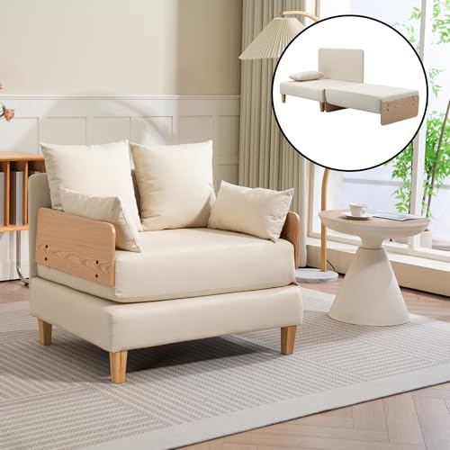 [en.casa] Poltrona Trasformabile in Letto con Apertura a Libro Divano Ribaltabile in Letto Singolo Rivestimento in Tessuto Cuscini Inclusi 81x88x68cm Beige