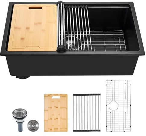 VEVOR 33 inch Kitchen Sink Workstation, Top Mount Granite Sinks, Drop-In Single Bowl Farmhouse Basin with Multiple Accessories, Household Dishwasher Sinks (18D x 30W x 9H)