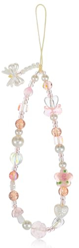 Shimmeroo Pink Crystal Phone Charm Strap,Y2k Acrylic Bow & Pearl Bead Chain | for Smartphone Case, Camera Wrist Strap, Bag & Keychain Accessories