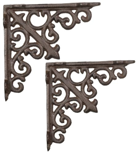 Lot de 2 supports d'étagère en fonte marron 14 x 14 cm au design antique – Console murale stable vintage Support d'étagère murale Support d'étagère murale Support en métal
