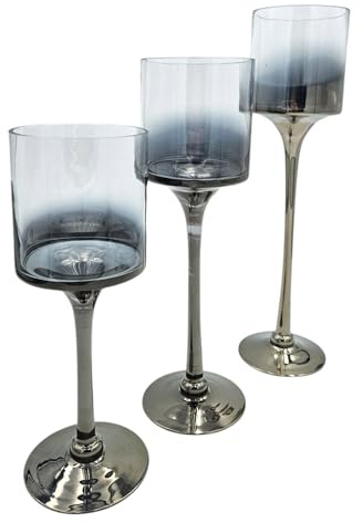 Meinposten Kerzenleuchter Set, 3-teilig, Glas & Silber, 25/30/35 cm Höhe, Windlicht Kerzenständer Hochzeit Weihnachten