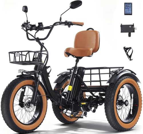 KAKIGO Elektrisches Dreirad für Erwachsene, 20”x4” Fat Tires, Aluminium faltbares Elektrodreirad250 W Motor E-Trike, 48 V 15,6 Ah Akku,25 Km/h, Vorder & Hinterkorb, Differenzial, 90 Km Reichweite