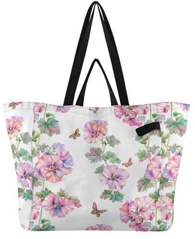 Wudan Bolsas grandes ligeras de cocina, bolsas de comestibles, bolsa grande para hombres, viajes, picnic, accesorios, arte, geranio, blanco