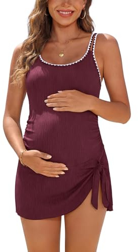 SHEKINI Abito premaman a coste – Costume da bagno premaman con gonna integrata da legare in vita, rosso porpora, M