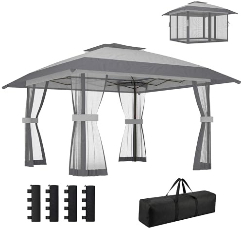 Outsunny Trädgårdspaviljong 4 x 4 m Pop Up fällbart tält höjdjusterbart UV30+ skydd hopfällbar paviljong med dubbelt tak 4 väggar mesh 4 sandväskor bärväska enkel montering grå