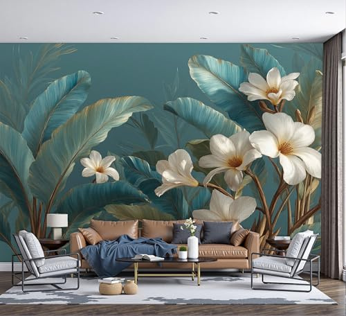 DLERFLOVR Carta da Parati Realismo Naturale 200x140cm Carta da Parete Foglie E Fiori Di Banano Decorativo Sfondo Rivestimento Parete per Camera da Letto, Soggiorno, Cucina, Blu-Verde