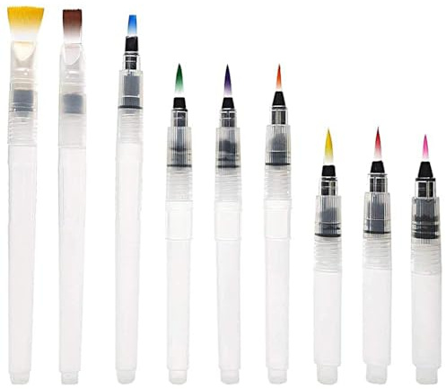 9 Pcs Wassertankpinsel Set für Wassermalbuch und Aquarell Pinselstifte, Wasserstifte für Kinder und Erwachsene, Brush Pen für Kalligraphie Füller, Wasserpinsel mit Tank für Unterwegs Malerei
