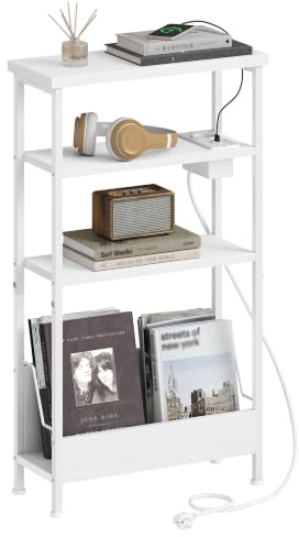 Hzuaneri Beistelltisch Schmal, 4-Stufiger Beistelltisch Couch mit Zeitschriftenhalter und Ladesteckdosen, Geeignet als Nachttisch für Wohnzimmer, Schlafzimmer oder Arbeitszimmer, Weiß ET40003WEU