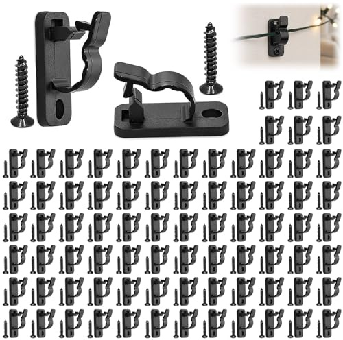 Dooaqiin 80 Pack Outdoor String Light Clips with Screws, Heavy Duty Fairy Light Hooks for Fence Panels, Garden Cable Hangers, Weatherproof Screw-in Hooks for Christmas Lights and Patio Decorations