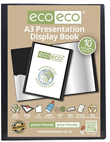 eco-eco A3 storlek 50% återvunnen 10 fickor svart presentationsbok, förvaringsfodral, portfölj, konstmapp med plasthylsor