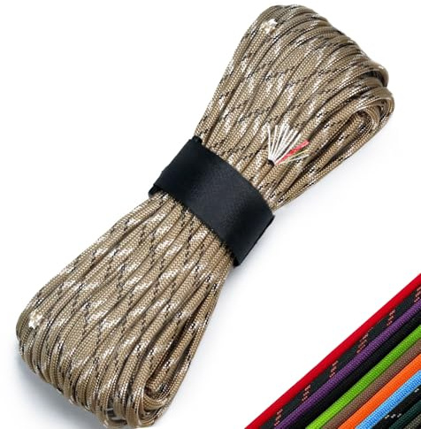 Survival Paracord 550 Fire Paracord Survivor Cord Nlyon Rope 10 Strands US Military Type III 550 Tactical Paracord Parachute Cord with Integrated Fishing Line, Fire-Starter Tinder 4 in 1（Camo Desert）
