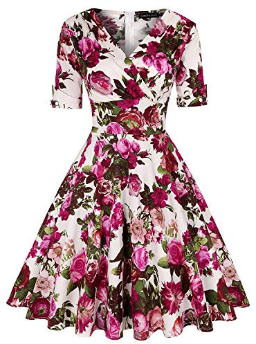 MINTLIMIT Vintage Tea Dress 1950's Floral Spring Garden Retro Swing Prom Party Cocktail Dress for Women (Floral Fuchsia,Size S)