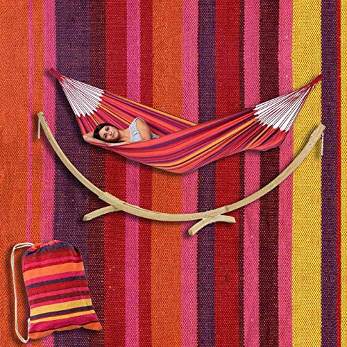 Hängematte mit FSC Holz-Gestell KOMPLETT-SET ? Single-Size bis 120 kg | Amazonas Tahiti Vulcano Pink-Orange + Kronos Natur