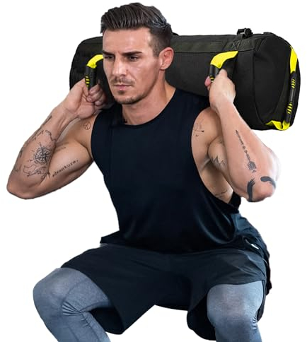 Taeku Gewichtssack für Fitness, Verstellbar Power Bag mit 6 Griffen Krafttraining Sandsäcke Workout Gewichte Sandbag für Functional Training (Gelb)