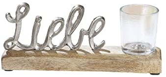 Casablanca GmbH & Co.KG Alu Mangoholz Teelichthalter Liebe 22,5 cm Schriftzug Love mit Glas Aufsteller