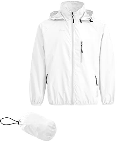 Spmor Men's Lightweight Waterproof Jacket Packable Windbreaker Running Coat White M