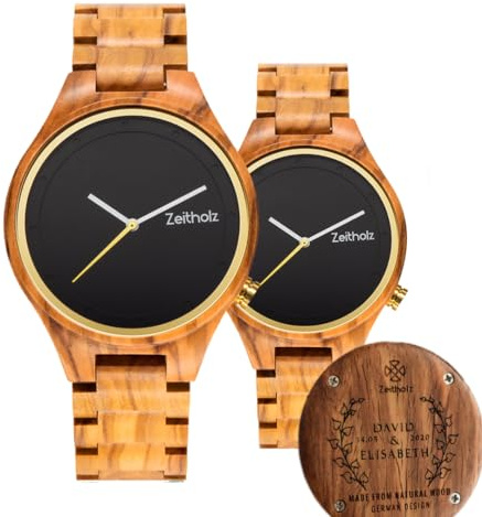 Zeitholz Orologi in legno coppie con incisione gratuita, regali personalizzabili, Stolpen 42mm & Stolpen 36mm. Realizzati in legno naturale con movimento al quarzo giapponese (Olivo)