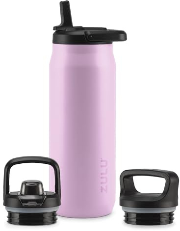 ZULU Core 32oz Stainless Steel Water Bottle with 3 Lids- Straw, Chug, Twist | Double Walled and Vacuum Insulated Metal Thermos | For Gym, Outdoor | Built in Carry Loop, Dishwasher Safe, Pink