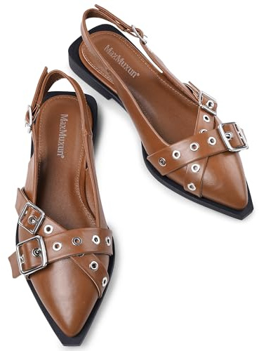 MaxMuxun Slingback Flats for Women Studs Buckle Mary Jane Shoes Cross Strap Closed Toe Sandals Pointed Toe Ballerina Shoes Ballet Flats