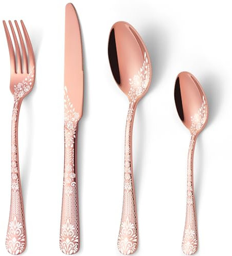 HONKKU 16 Pieces Cutlery Set for 4 People Rose Gold, Stainless Steel Knife and Fork Set with Laser Flower Pattern, Mirror Polished Silverware Set Ideal for Home Party Restaurant, Dishwasher Safe