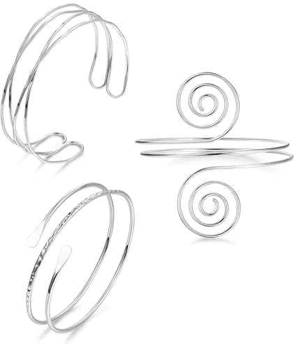 TELAIN Oberarmreif Silver Set Upper Arm Bangle with 3 Silver Bangles, Adjustable and Minimalistic, Boho Bangle Silver 925 Women, Wrap Bracelet Women (Style 7)