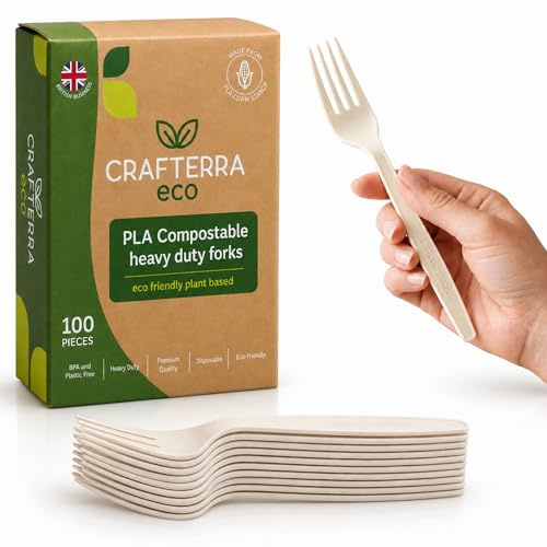 Disposable Forks 100 Pack Heavy Duty Compostable Biodegradable Eco Friendly Cutlery. Great Party & Camping Forks, Strong Smooth Non-Splinter Alternative to Wooden Cutlery for BBQ, Kitchen