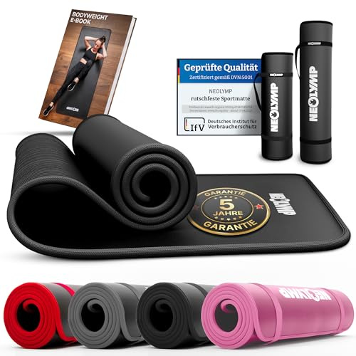 NEOLYMP extra dicke Fitnessmatte rutschfest inkl. Tragegurt & E-Book – Yogamatte, Gymnastikmatte, Sportmatte & Pilates Matte – Trainingsmatte für Zuhause, Studio & Outdoor (schwarz 80 cm)