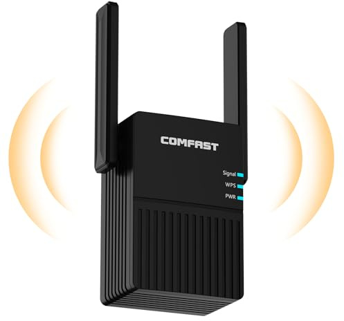 COMFAST AC1200 WiFi Extender Booster, WiFi Booster Range Extender for Home, 5G/2.4G Dual Band Internet Booster WiFi Repeater, WPS 1-Tap Setup, 2 High-Gain Antennas, UK Plug, Black