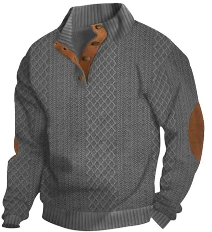 Generico Felpe Uomo Trapuntata a Maniche Lunghe Casual, Collo Eretto con Bottoni a 1/4, Pullover a Maglia con Parchetti ai Gomiti, Elegante e Comfort(1A-Dark Gray, XL)