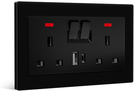 BSEEDLIFE Double Switched Wall Socket,Electric Plug Sockets Outlets with 20W USB/USB-C,13 A,Glass Panel Outlet Compatible with 3 Pin UK Standard Plug,146mm Black
