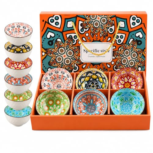 Topsky Bohemian Ceramic Bowls Set of 6 with Gift Box, 400ml/13.5oz Small Serving Bowls for Soup, Cereal, Rice, Dessert, Snacks, Colourful Decorative Tableware, Microwave and Dishwasher Safe
