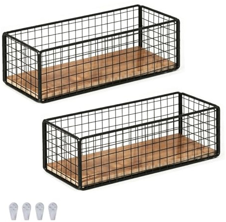 Raoletin 2 Pack Wall Basket Hanging Storage Baskets with Wooden Base, Wall Storage Organizer, Rustic Small Metal Basket for Bathroom Desk, Kitchen Cabinets, Living Room, Office Decor